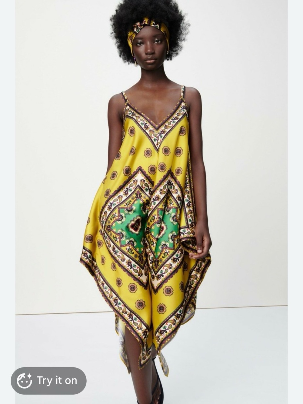 Zara Satin Scarf-Print Handkerchief Dress